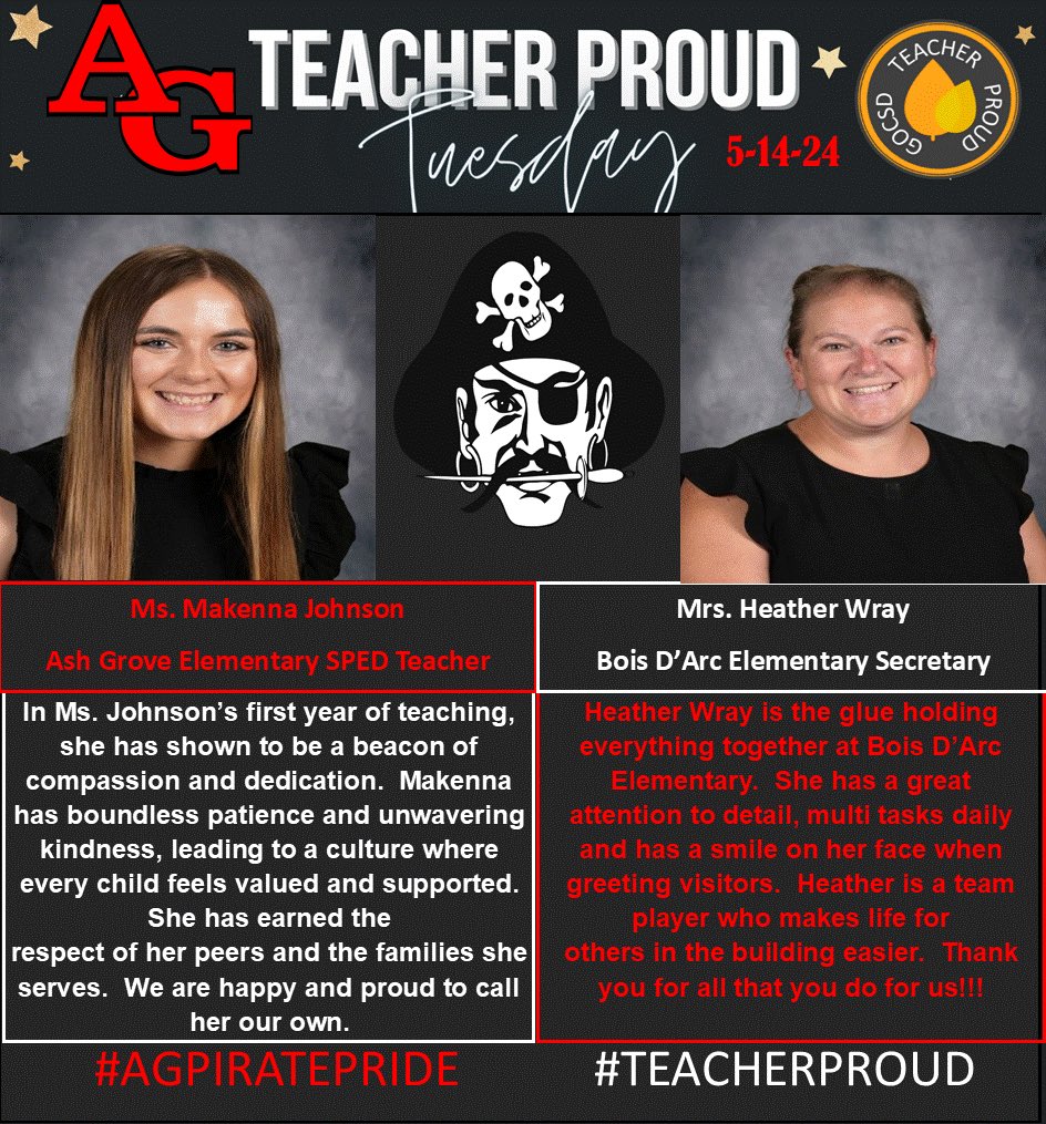 Dr. Aaron Gerla (@gerlaaaron) on Twitter photo For our last #TeacherProud Tuesday of the school year, we are happy to recognize Ms. Makenna Johnson (AGEL Early Childhood SPED Teacher) and Mrs. Heather Wray (BD Secretary).
#AGPiratePride <a href="/billowen14/">bill owen</a> <a href="/RepEricBurlison/">Rep. Eric Burlison</a> <a href="/realmikemoon/">Mike Moon</a> <a href="/BishopADavidson/">Bishop Davidson</a> For our last #TeacherProud Tuesday of the school year, we are happy to recognize Ms. Makenna Johnson (AGEL Early Childhood SPED Teacher) and Mrs. Heather Wray (BD Secretary).
#AGPiratePride <a href="/billowen14/">bill owen</a> <a href="/RepEricBurlison/">Rep. Eric Burlison</a> <a href="/realmikemoon/">Mike Moon</a> <a href="/BishopADavidson/">Bishop Davidson</a>