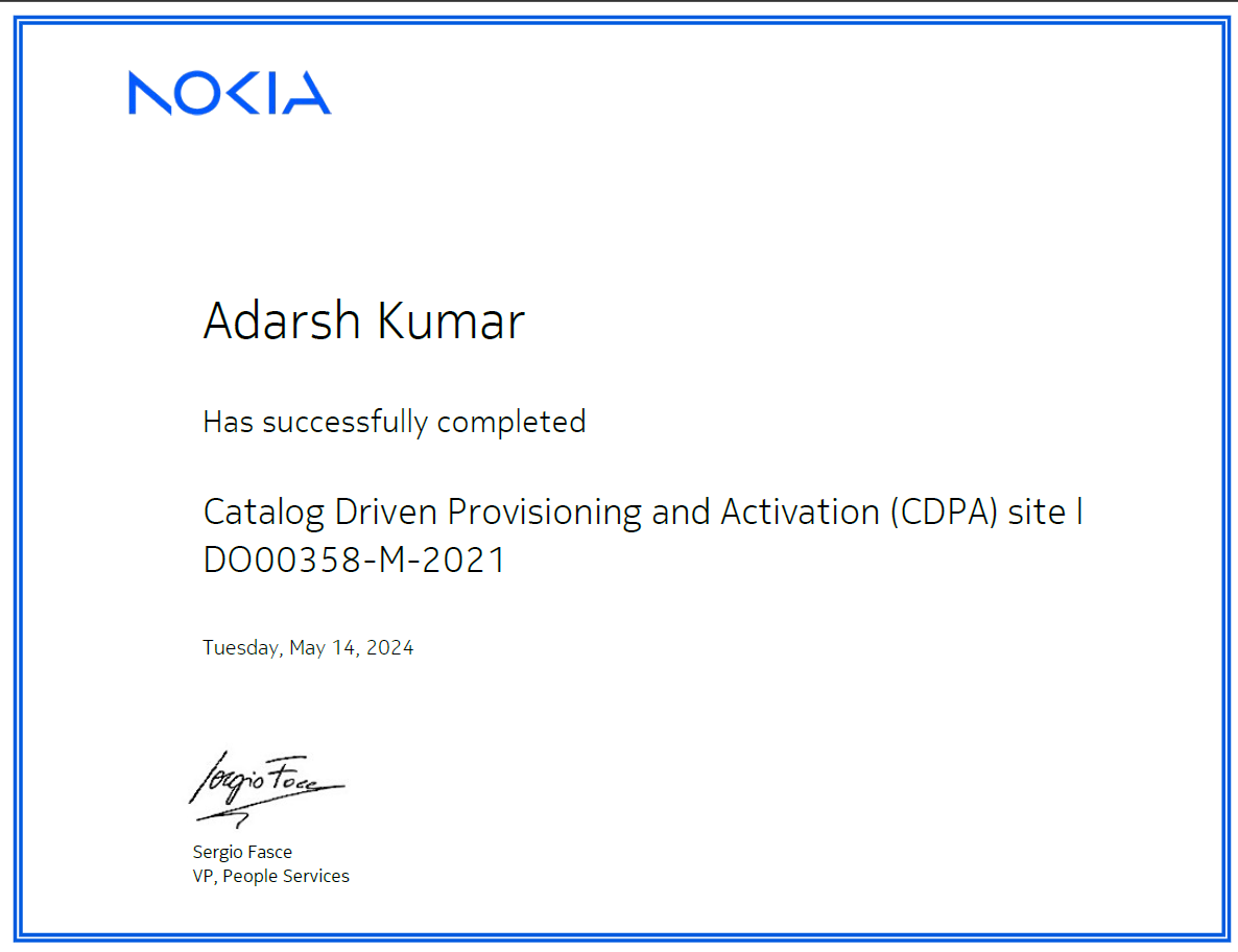 AdarshKumar206's tweet photo. Hello Coders,
I am very happy to share that I have successfully completed Catalog Driven Provisioning and Activation (CDPA) Site Certification from #Nokia
#remotework #remotejobs #remote #connect #LearnInPublic #buildinpublic #telecom #cdpa #pna #flowone #certification https://t.co/vwFtLVgiZG