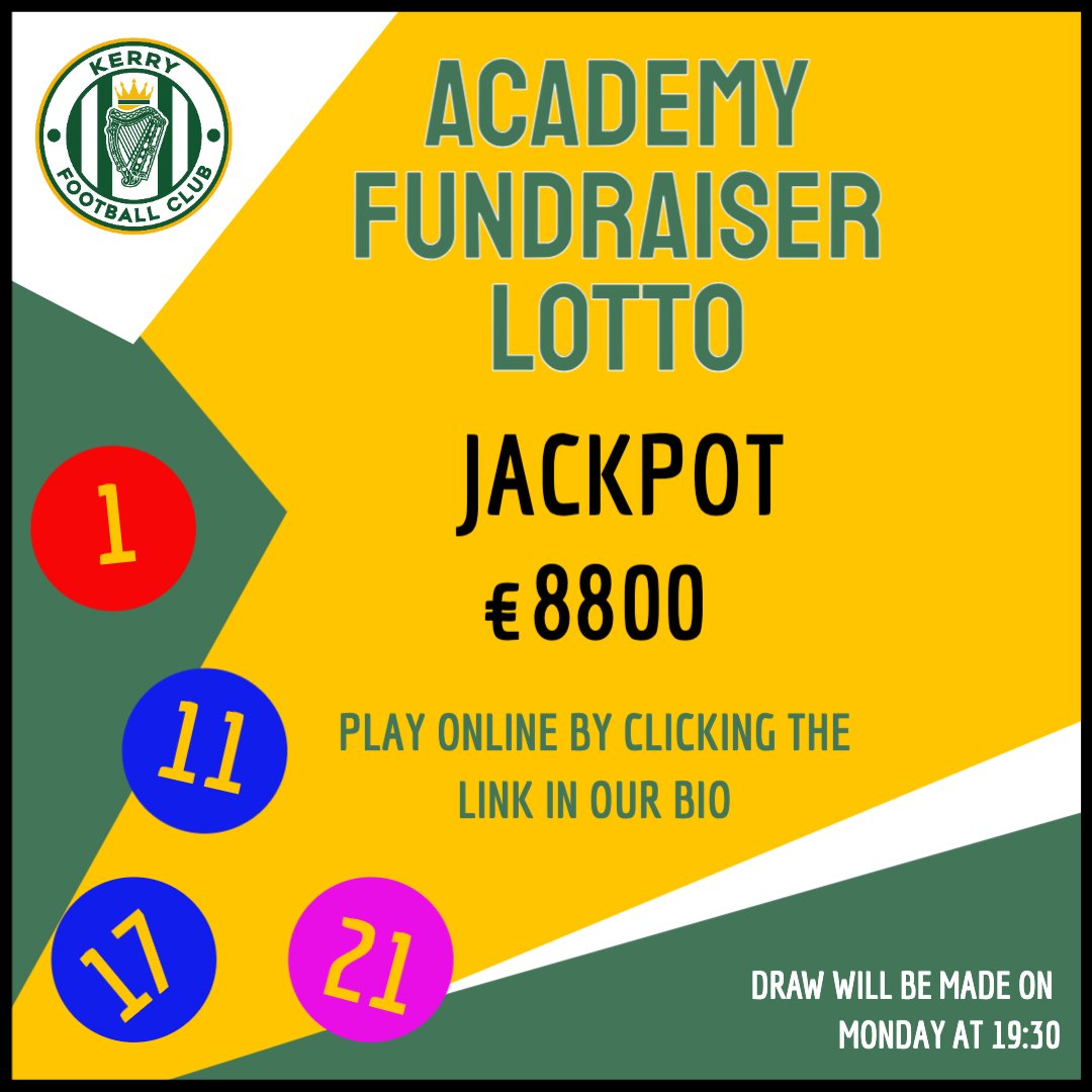 Our Academy Fundraising Lotto draw has reached €8,800! Play online now to be included in Monday night's draw! 🔗 play.clubforce.com/play_newa.asp?… #WeAreKerryFC