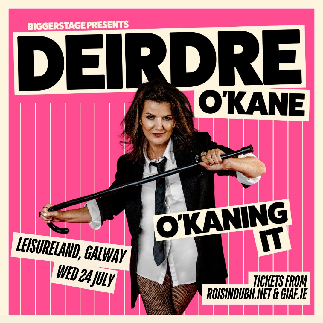 Comedic fireball Deirdre O'Kane is mad for the road, mercilessly mining hilarity from the human condition. Leisureland, Galway. Wed 24 July, 7pm. As part of @GalwayIntArts #GIAF24 Tickets from roisindubh.net & giaf.ie now