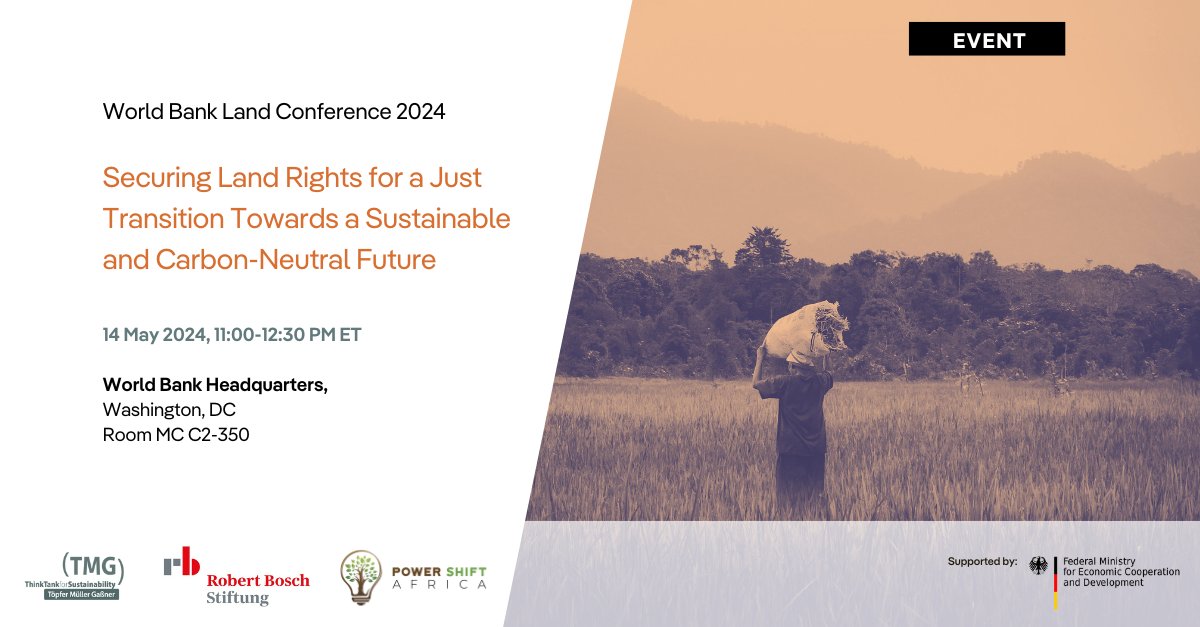 📆#happeningtoday: What is the relationship between climate change mitigation and land tenure security? Join us at the @WorldBank #LandConf2024: Securing Land Rights for a Just Transition Towards a #CarbonNeutralFuture ➡️ bit.ly/3QAA0v4