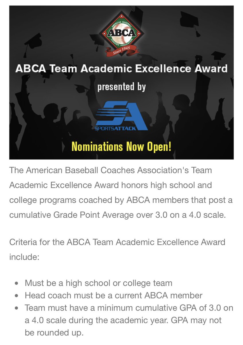This is the 2nd straight year of our program being nominated for the @ABCA1945 Team Academic Excellence Award. Our student-athletes are sporting a cumulative program GPA of 3.59!!

Everything starts in the classroom! Great work, gentlemen!! #DevelopFirst #StudentAthlete