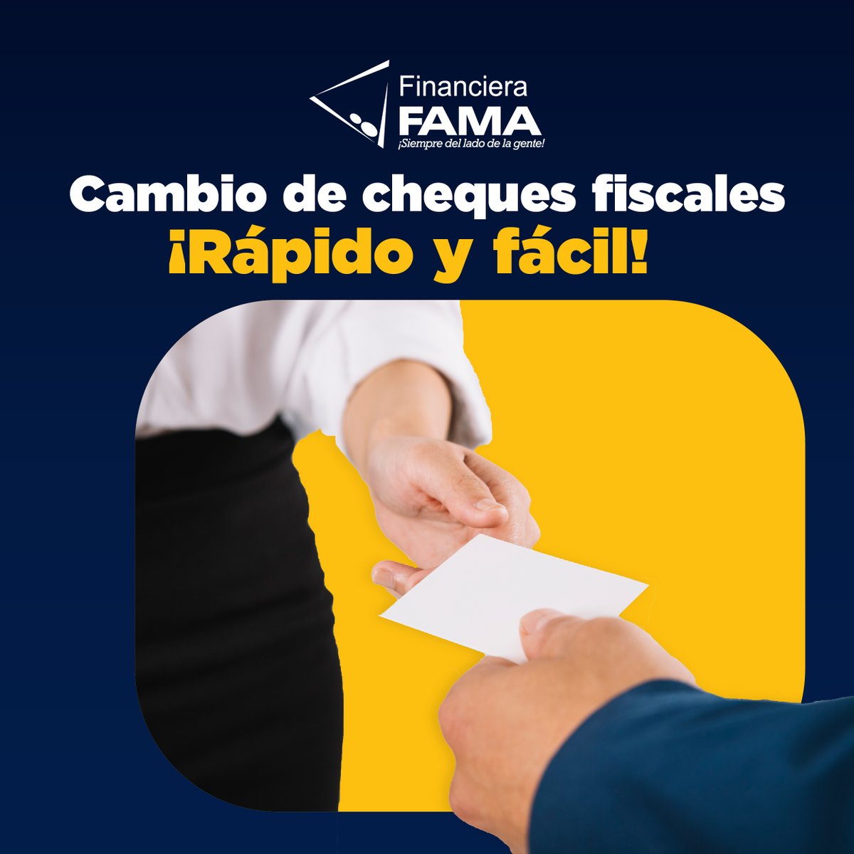 Realice el cambio de sus cheques fiscales en nuestras sucursales FAMA.

Le brindamos una atención personalizada ágil y segura.

Contáctenos para más información:
Escribanos por WhatsApp: 7829 – 7777
Servicio al Cliente: 2268- 1941