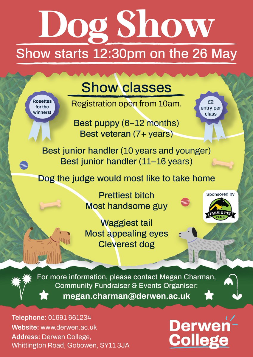 Our second annual dog show will take place on on Sunday 26 May. There are several classes you can enter your dog into (£2 per class). Entries open at 10am and judging begins at 12.30pm. #DerwenCollege #DerwenCharity #SEND #charity #BankHoliday #DogShow #gobowen #oswestry