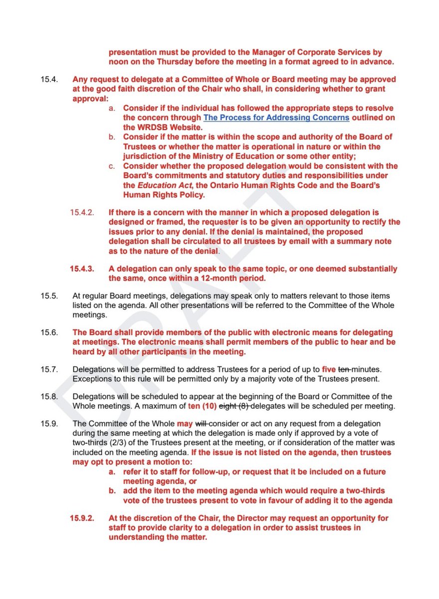 @WRDSB trustees voted against my motion to consult parent groups/school councils about proposed Bylaw 15, ( that if ratified) could put delegations through a 7 step filtering process before ultimately being denied. @_MikeRamsay