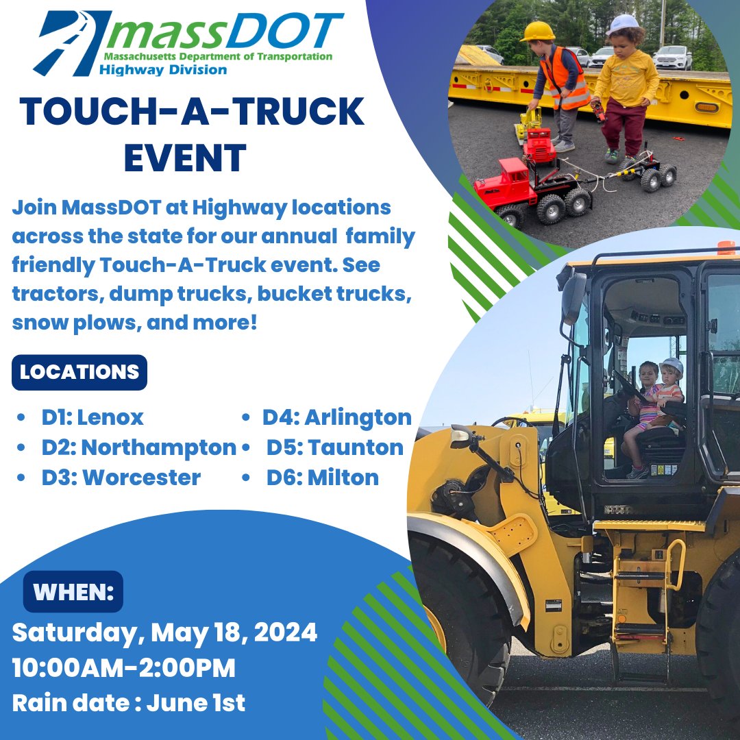 Join the #MassDOT Highway Division at the annual Touch-A-Truck event this Saturday, May 18, from 10:00am-2:00pm. This family friendly event will be happening at all 6 Highway districts across Massachusetts. Visit a local event near you. ℹ️facebook.com/events/1169016…