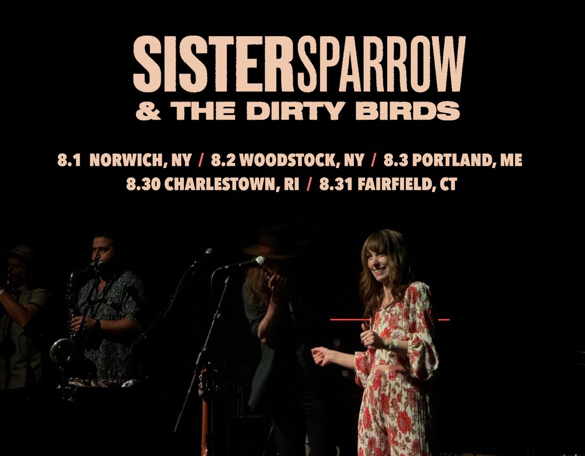 Sister Sparrow (@sistersparrowdb) on Twitter photo 🦅 SUMMER TOUR 2024 🚐💨
Aug 1 • Norwich, NY <a href="/chenangoblues/">Chenango Blues Fest</a> #summerconcertseries
Aug 2 • Woodstock, NY @levonhelmstudios
Aug 3 • Portland, ME <a href="/P_H_O_M_E/">P.H.O.M.E.</a>
Aug 30 • Charlestown, RI <a href="/RRFestival/">Rhythm & Roots Festival</a>
Aug 31 • Fairfield, CT <a href="/FTCPresents/">Fairfield Theatre Co</a>
ON SALE Friday 5/17 🦅 SUMMER TOUR 2024 🚐💨
Aug 1 • Norwich, NY <a href="/chenangoblues/">Chenango Blues Fest</a> #summerconcertseries
Aug 2 • Woodstock, NY @levonhelmstudios
Aug 3 • Portland, ME <a href="/P_H_O_M_E/">P.H.O.M.E.</a>
Aug 30 • Charlestown, RI <a href="/RRFestival/">Rhythm & Roots Festival</a>
Aug 31 • Fairfield, CT <a href="/FTCPresents/">Fairfield Theatre Co</a>
ON SALE Friday 5/17