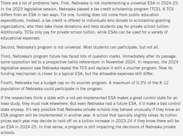 Strategic problem: Nebraska doesn't work as a control. The paper's idea is isolating the effect of an ESA by having two states that pass ESAs in 2023 with one having delayed implementation. Problem is, NE doesn't fit that bill at all, for many reasons. DiD doesn't work here.