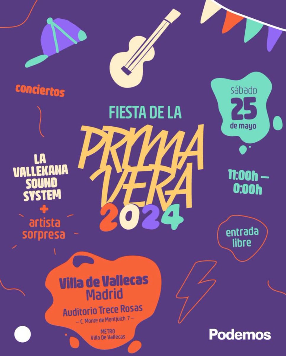 ❗RESERVA LA FECHA❗ El próximo 25 de mayo vuelve la Fiesta de la Primavera de @Podemos. Nos vemos en el auditorio 13 Rosas de Villa de Vallecas para celebrarnos, debatir, bailar, cantar y disfrutar. Arrancaremos por todo lo alto con Vallekana Sound System. ¡Te esperamos! 💜