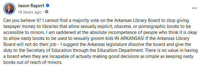 Christian nationalist Jason Rapert calls on legislature to dissolve State Library Board (to which he was appointed by Gov. Sanders just 5 months ago) after board refuses to strip funding from libraries that offer books he calls 'nasty.'
#Arkansas #arpx #libraries