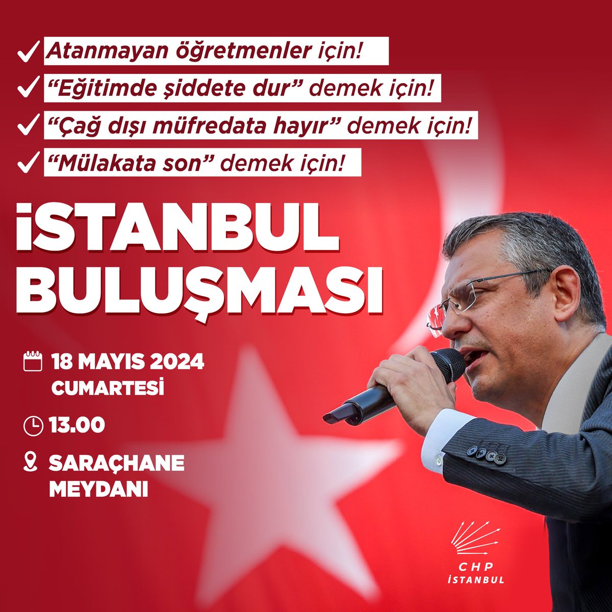 Haydi mitinge!! Atanmayan öğretmene, Mülakatla yıkılan geleceğe, Eğitimde şiddete, Çağ dışı müfredata son vermek için buluşuyoruz. Genel Başkanımız Sayın Özgür Özel ile eğitime ve eğitimcilere hep ses birlikte oluyoruz! 🗓 18 Mayıs Cumartesi 🕐 13.00 📍 Saraçhane