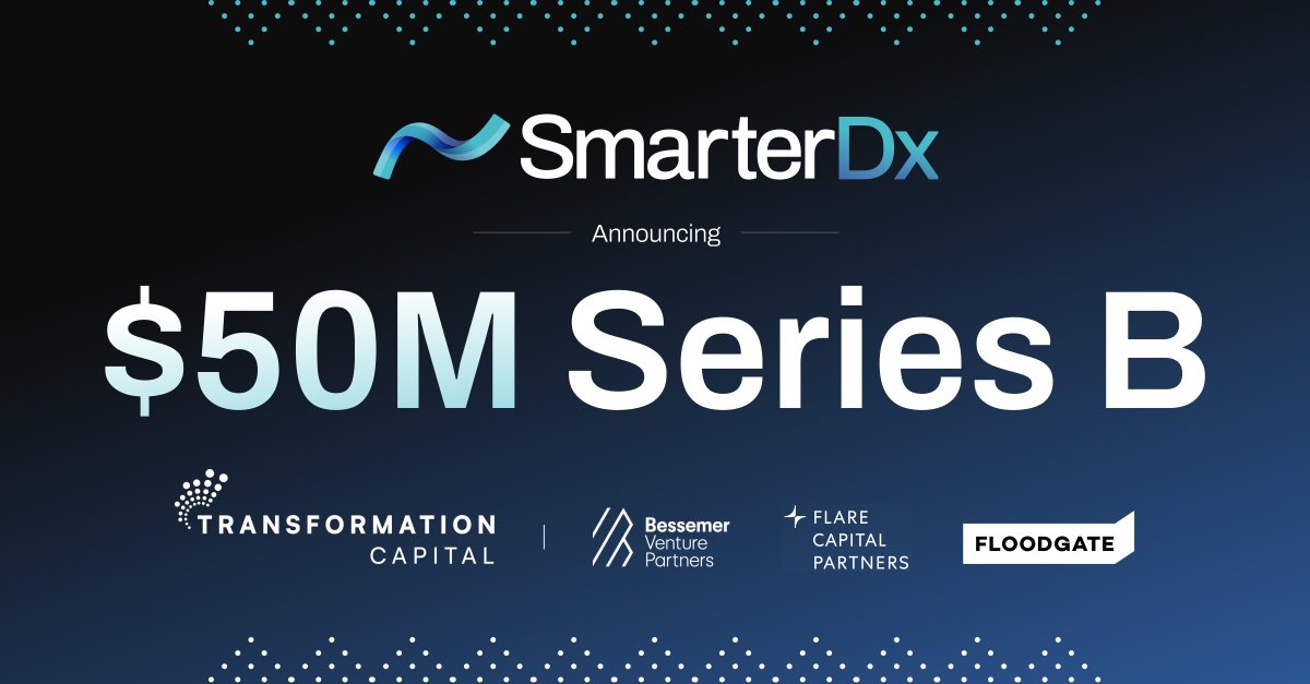 SmarterDx (@dxsmarter) on Twitter photo 🎉 We are thrilled to announce our $50 million Series B! This funding round was led by <a href="/transformcptl/">Transformation Capital</a>, with continued support from <a href="/BessemerVP/">Bessemer</a>, <a href="/FlareCapital/">Flare Capital</a> and <a href="/floodgatefund/">Floodgate</a>: prnewswire.com/news-releases/… 🎉 We are thrilled to announce our $50 million Series B! This funding round was led by <a href="/transformcptl/">Transformation Capital</a>, with continued support from <a href="/BessemerVP/">Bessemer</a>, <a href="/FlareCapital/">Flare Capital</a> and <a href="/floodgatefund/">Floodgate</a>: prnewswire.com/news-releases/…