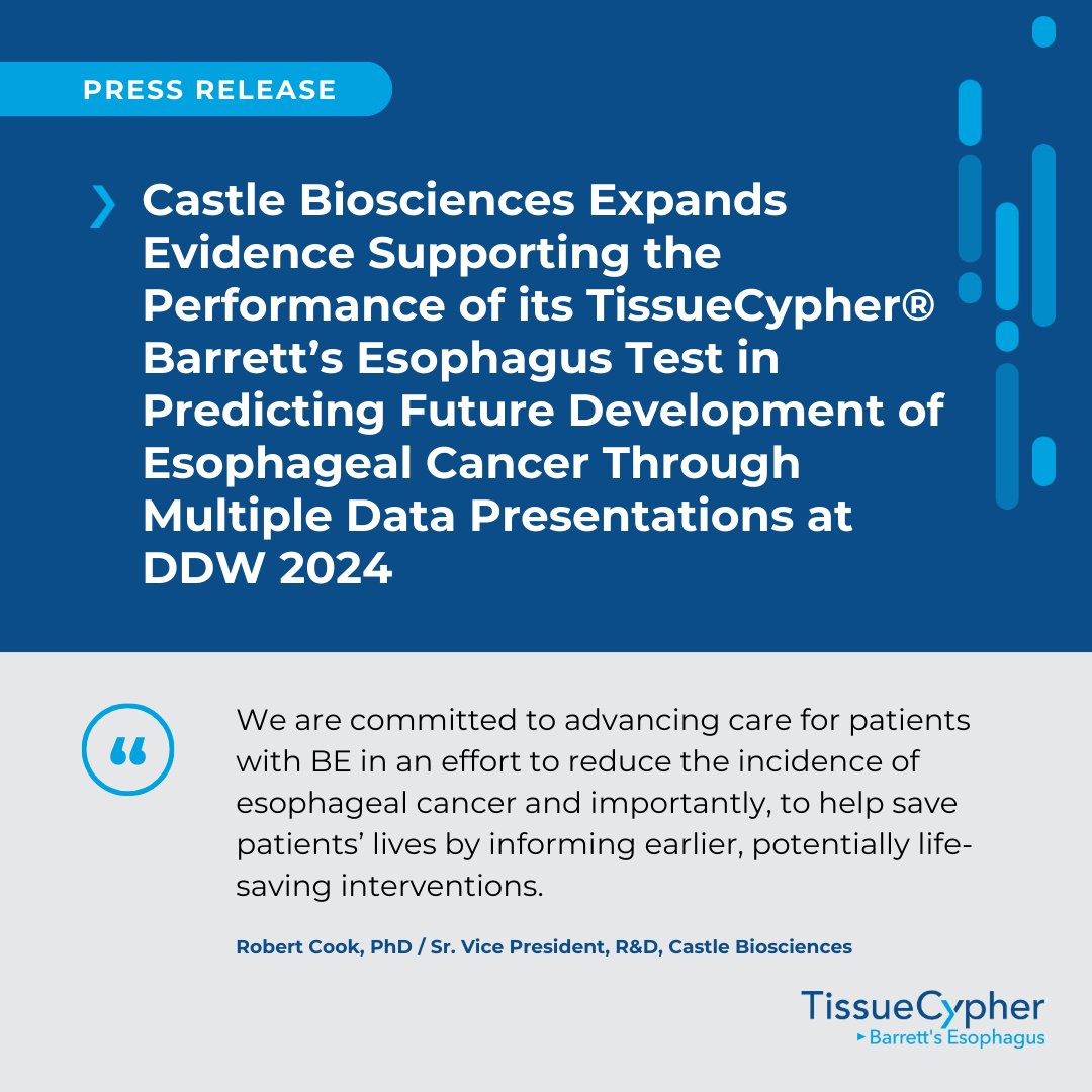 This week, Castle will share 3 abstracts supporting the ability of its #TissueCypher® test to predict risk of progression to esophageal cancer in patients with Barrett’s esophagus (BE) at the #DDW2024 Annual Meeting, 5/18-21 in Washington, D.C. Details: hubs.la/Q02x4FCC0