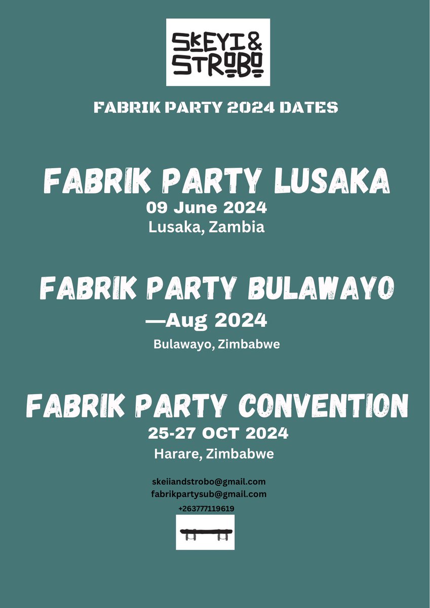 FABRIK PARTY DATES: We super excited to share dates for our main activities for the last half of the year! The first half has been amazing with the CBD Market. 1. Lusaka, Zambia - 9 June 2024 2. Bulawayo,Zimbabwe - August 2024 3. Harare, Zimbabwe - 25-27 Oct 2024 #fabrikparty