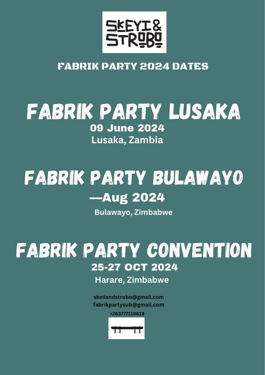 FABRIK PARTY DATES: 
We super excited to share dates for our main activities for the last half of the year! The first half has been amazing with the CBD Market.

1. Lusaka, Zambia -  9 June 2024 
2. Bulawayo,Zimbabwe - August 2024
3. Harare, Zimbabwe - 25-27 Oct 2024
#fabrikparty