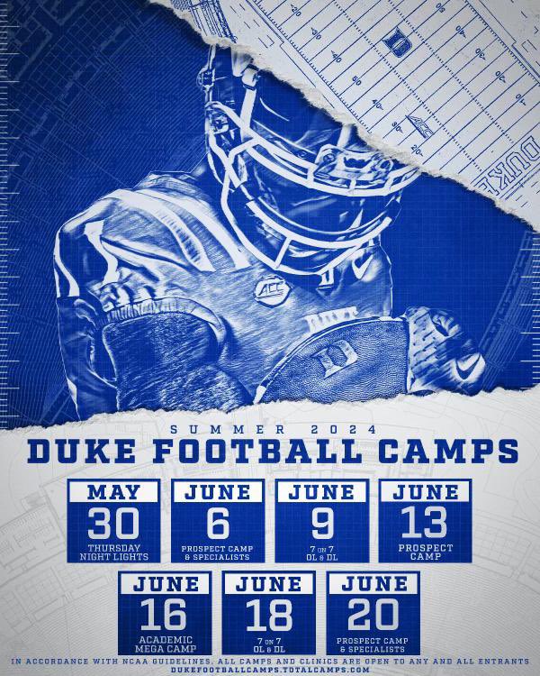 Come to Durham this summer and showcase your talent 😈 Sign Up! Link: dukefootballcamps.totalcamps.com