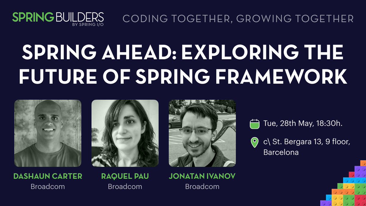 🍃🛠️ Join us in our first Spring Builders meetup with @dashaun, @raquelpau and @jonatan_ivanov. Spring Ahead: Exploring the Future of Spring Framework 🗓️ Tuesday, 28th May 2024 📍 Schwarz Global Services Barcelona c\ St. Bergara 13, 9 floor, Barcelona