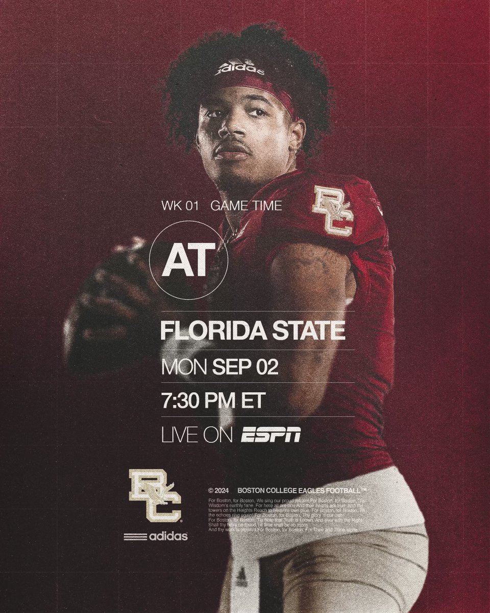 Week One on Monday Night.

BC at FSU officially set for primetime from Tallahassee on Labor Day Weekend.
Details➡️ bit.ly/24fbGameTime01