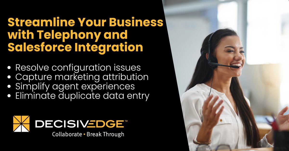 Say goodbye to manual updates and data duplication by seamlessly integrating your #telephony platform and #Salesforce! DecisivEdge offers #integration solutions that streamline operations and improve #customerexperiences. hubs.li/Q02wnG_J0