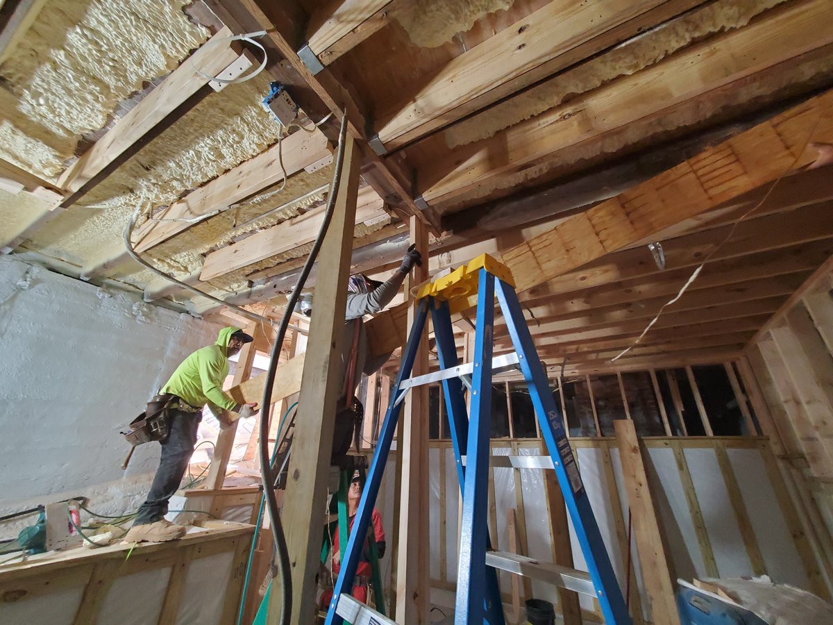 Beams going up! LVL beams are used in places where dimensional lumber wouldn't be strong enough for use. Getting big, heavy beams into place requires a lot of careful attention to detail... not to mention manpower.

#homeremodel #contractorlife #renovationrealities #homebuilder