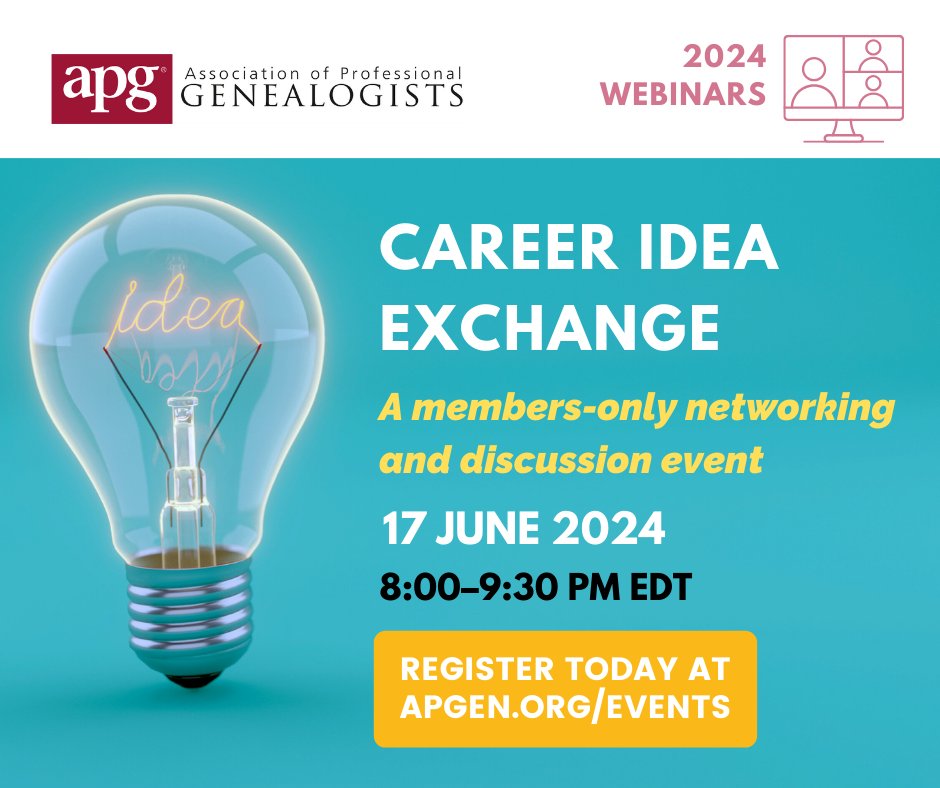 Back by popular demand! Join your genealogy colleagues on 17 June for the latest APG Career Idea Exchange, a special hour of networking and discussion. Register at apgen.org/events/career-…. This event is open to APG members only and will not be recorded.