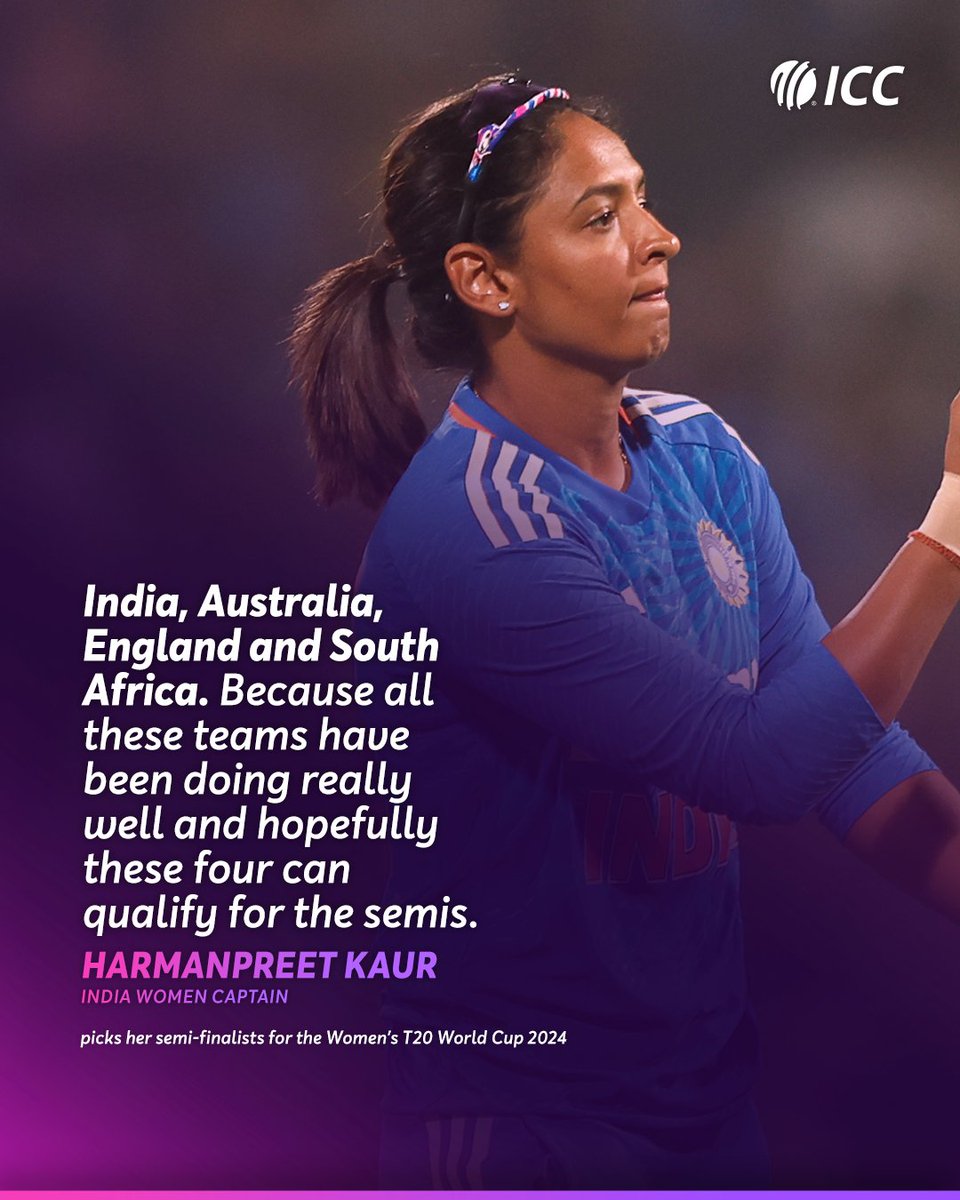 Harmanpreet Kaur picks her semi-finalists for the ICC Women's #T20WorldCup 2024 👀

More 👉 bit.ly/3WzMfMu