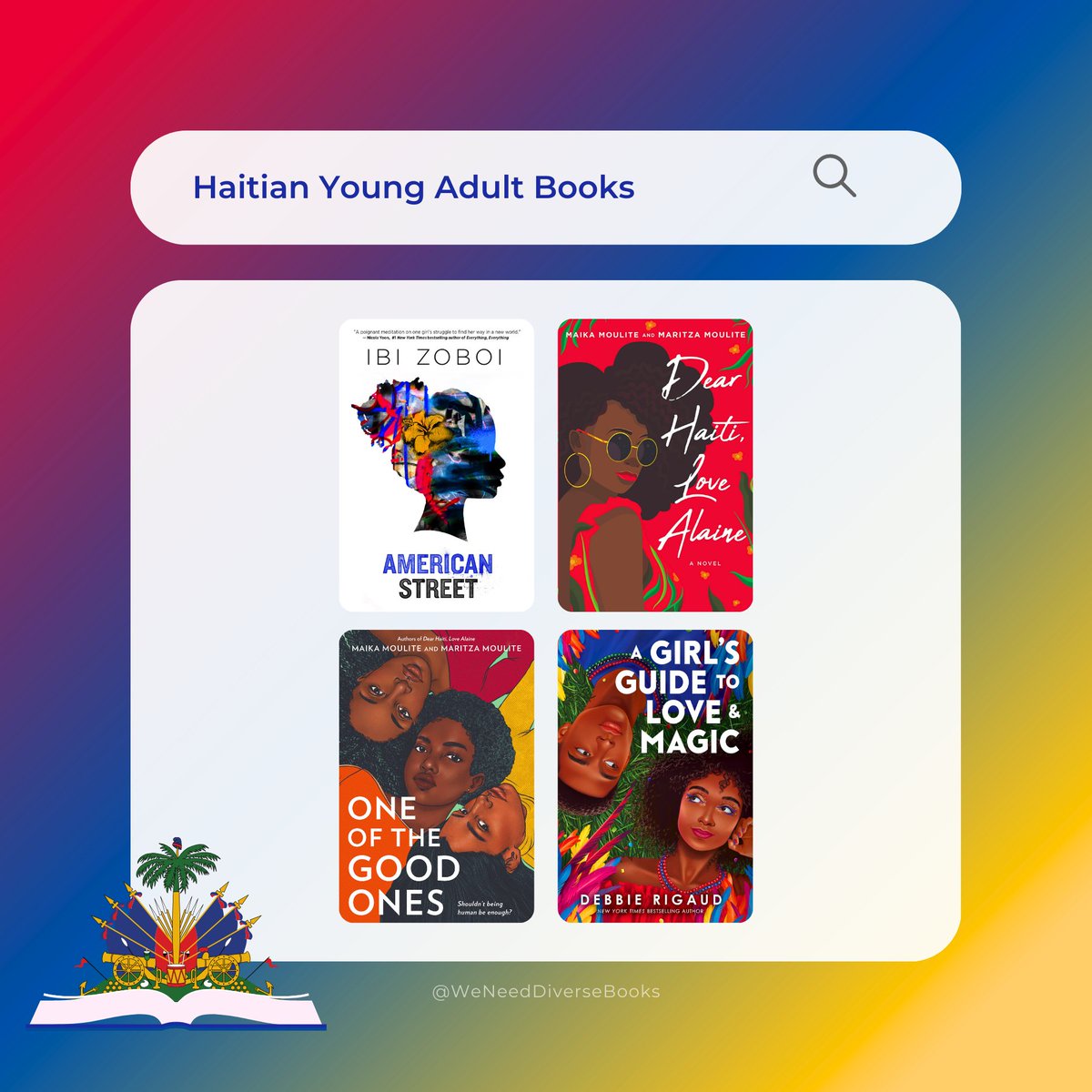 @TraceyBaptiste @AmberRenArt @TamiWritesStuff @_jacqueline_ill @daniellejoseph1 YOUNG ADULT

💙 American Street by Ibi Zoboi
❤️ Dear Haiti, Love Alaine by @maikamoulite & @MaritzaMoulite
💙 One of the Good Ones by Maika & Maritza Moulite
❤️ A Girl’s Guide to Love & Magic by @debbierigaud