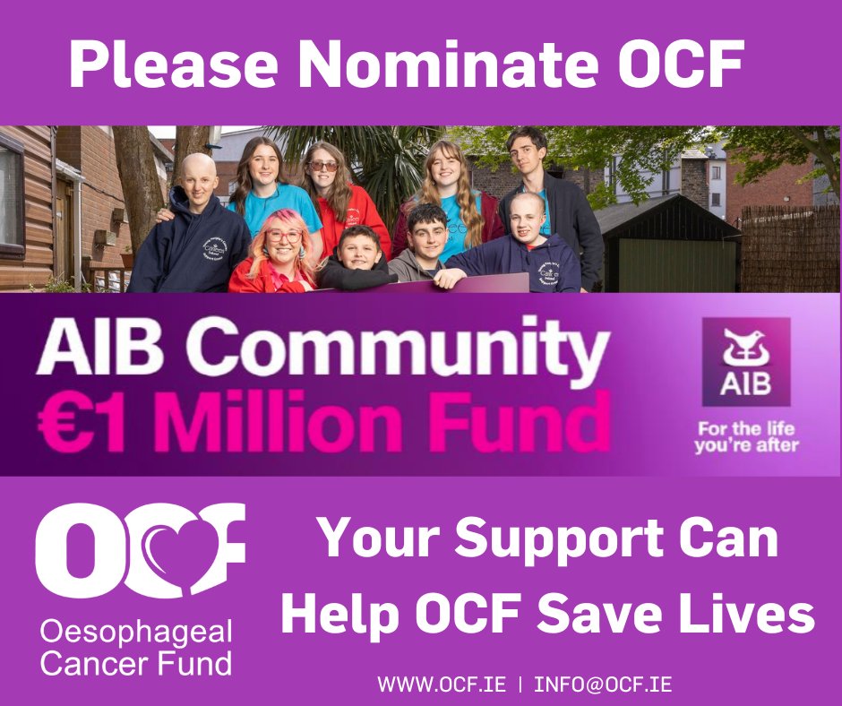 Please nominate @OesophagealCF for @AIBIreland Community €1 Million Fund ,help us save lives. Click - aib.ie/personal-forms… and add 🚩Charity Name: Oesophageal Cancer Fund 🚩Charity Reg, Number: 20047726 🚩Charity Location: Greater Dublin 🚩Social Theme: Other Thank you.