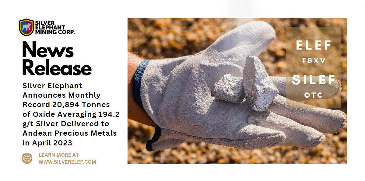 📰News Release // Silver Elephant Announces  Monthly Record 20,894 Tonnes of Oxide Averaging 194.2 g/t Silver Delivered to Andean Precious Metals in April 2023

TSX: $ELEF | OTC: $SILEF

#Silver #MiningStocks