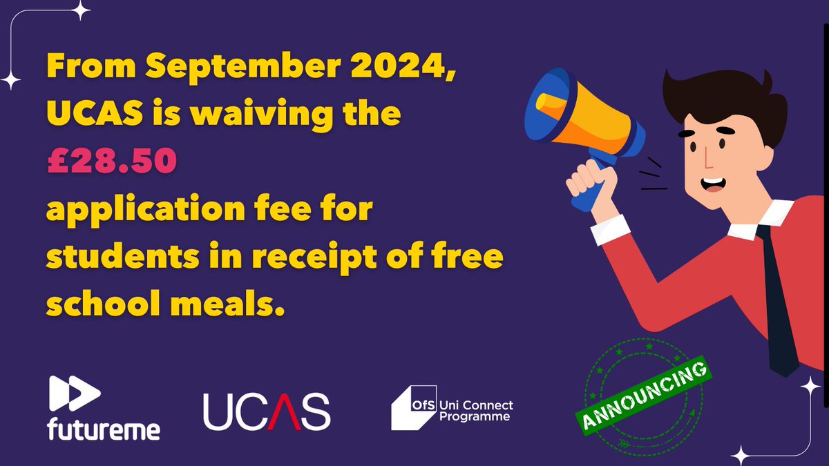 News Alert!!! From September 2024, UCAS is waiving the £28.50 application fee for students in receipt of free school meals. This is a significant step towards encouraging students from low-income families to apply for university. Read more: ucas.com/corporate/news…