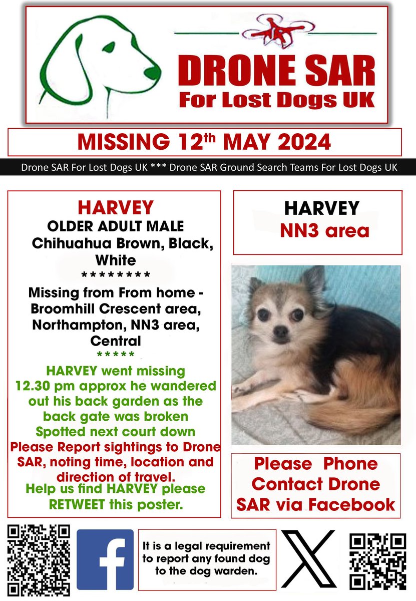 #LostDog #Alert HARVEY Male Chihuahua Brown, Black, White (Age: Older Adult) Missing from From home - Broomhill Crescent area, Northampton, NN3 area, Central on Sunday, 12th May 2024 #DroneSAR #MissingDog