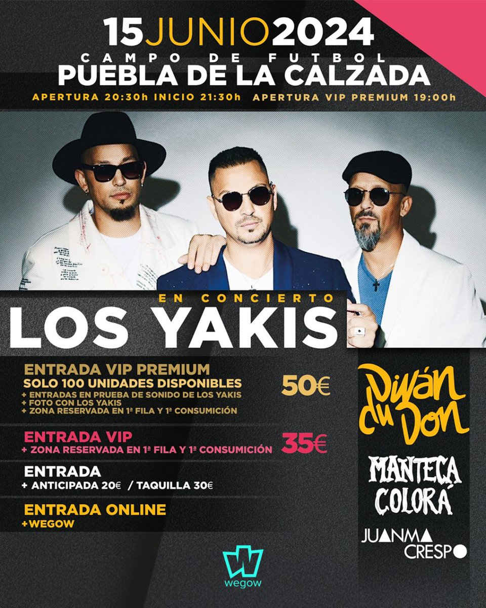 LOS YAKIS EN #Badajoz 🤠 Junto a @divandudon, Manteca Colorá y Juanma Crespo en Puebla de la Calzada este veranito 🌞 → 15 de junio → Entradas en @wegowES 👉 tinyurl.com/yakisbadajoz