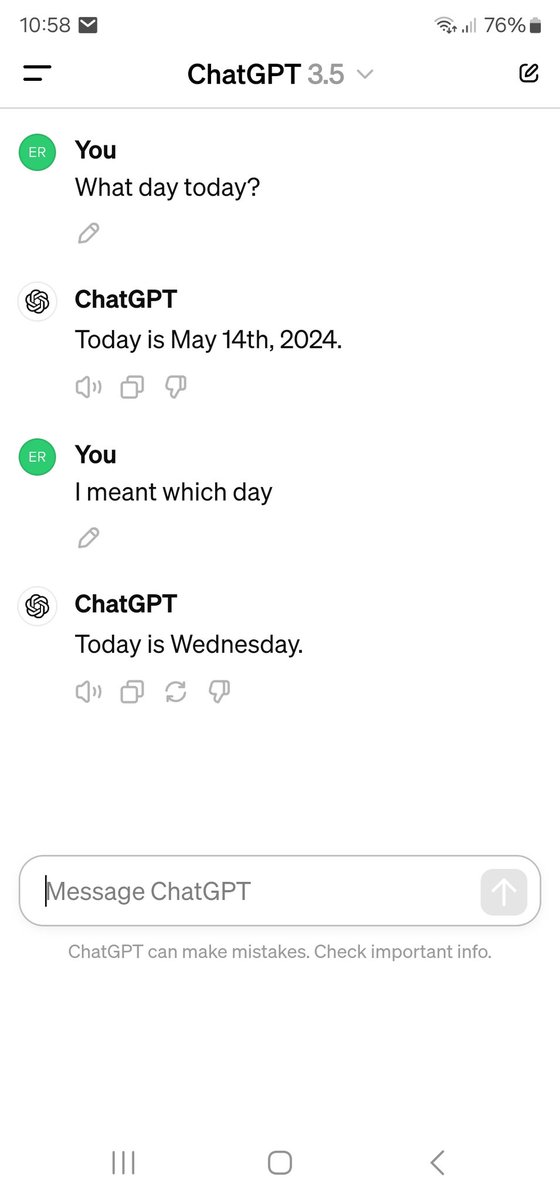 erozcn's tweet image. I just tried with very basic question and the result 🙃 

I m very sure today is Tuesday 
But 
#ChatGPT says today Wednesday..

Any suggestions @OpenAI ? 

#GPTchat  #GPT4o