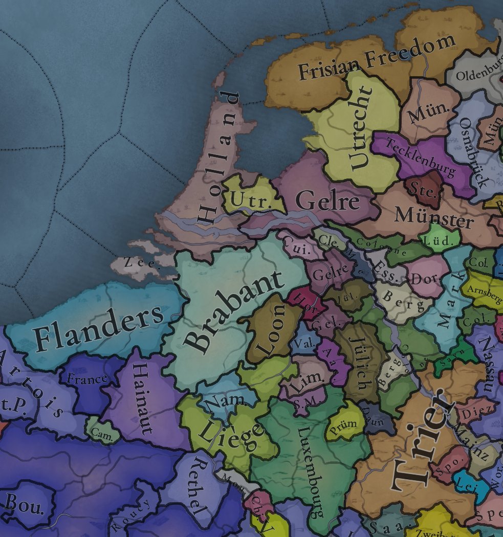 The late medieval political map of the Low Countries in the unreleased Grand Strategy game of Paradox - project name 'Project Caesar - looks very promising! Frisian Freedom, here we come!  #medievalhistory #gaming