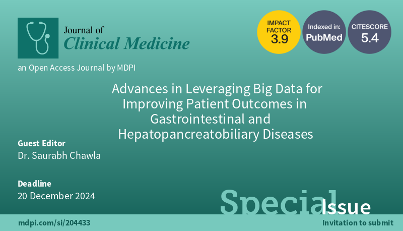 🥳We are honored to have Dr. Saurabh Chawla @chawla_gi hosting a Special Issue in JCM @JCM_MDPI 👉Advances in Leveraging BigData for Improving Patient Outcomes in #Gastrointestinal and #Hepatopancreatobiliary Diseases 👉Open for submissions! More details: mdpi.com/journal/jcm/sp…
