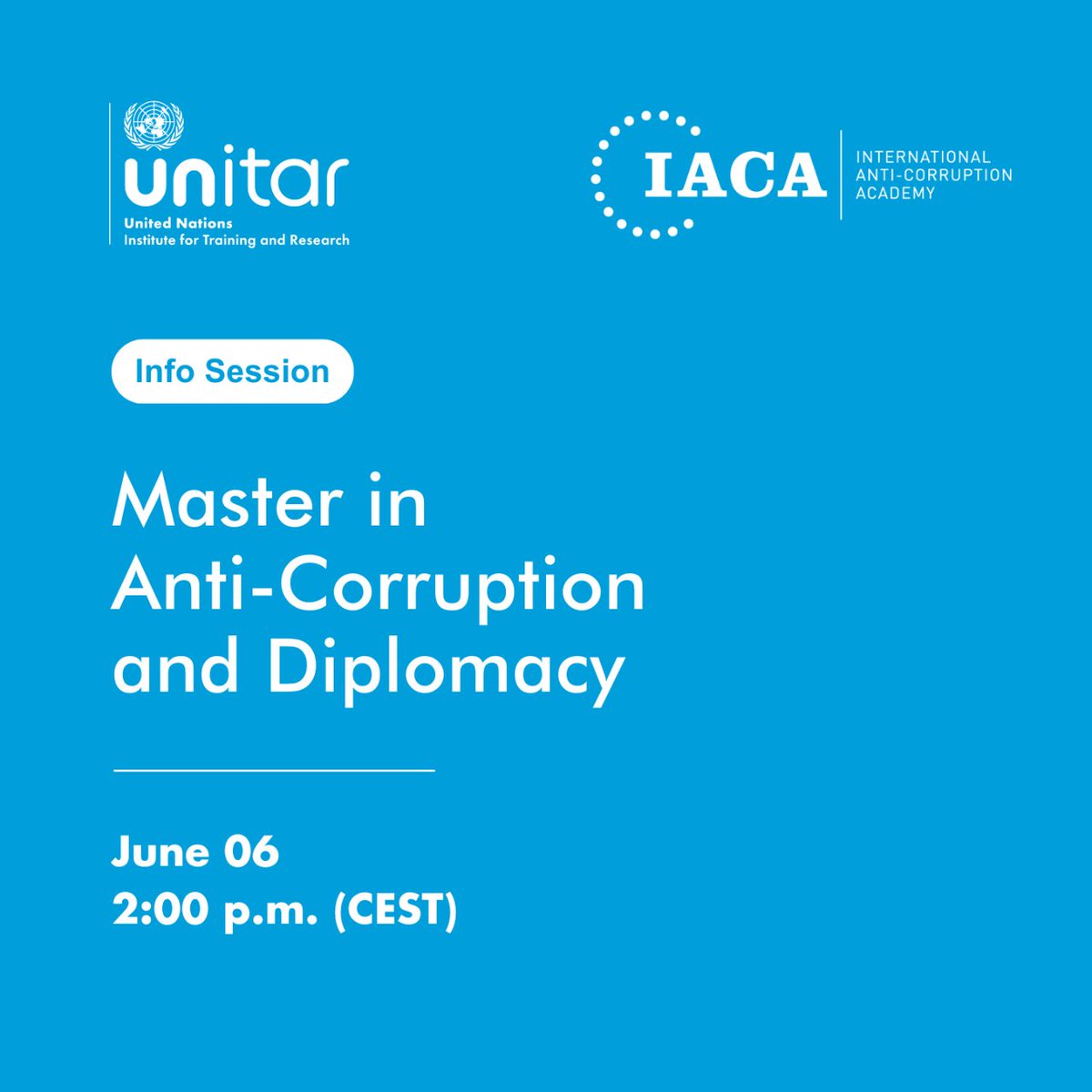 Join our upcoming interactive Q&A session on the “Master in Anti-Corruption and Diplomacy' in partnership with @IACA_Academy. A panel of course administrators will provide programme details & answer any questions you have about the programme. To register: unitar.zoom.us/webinar/regist…
