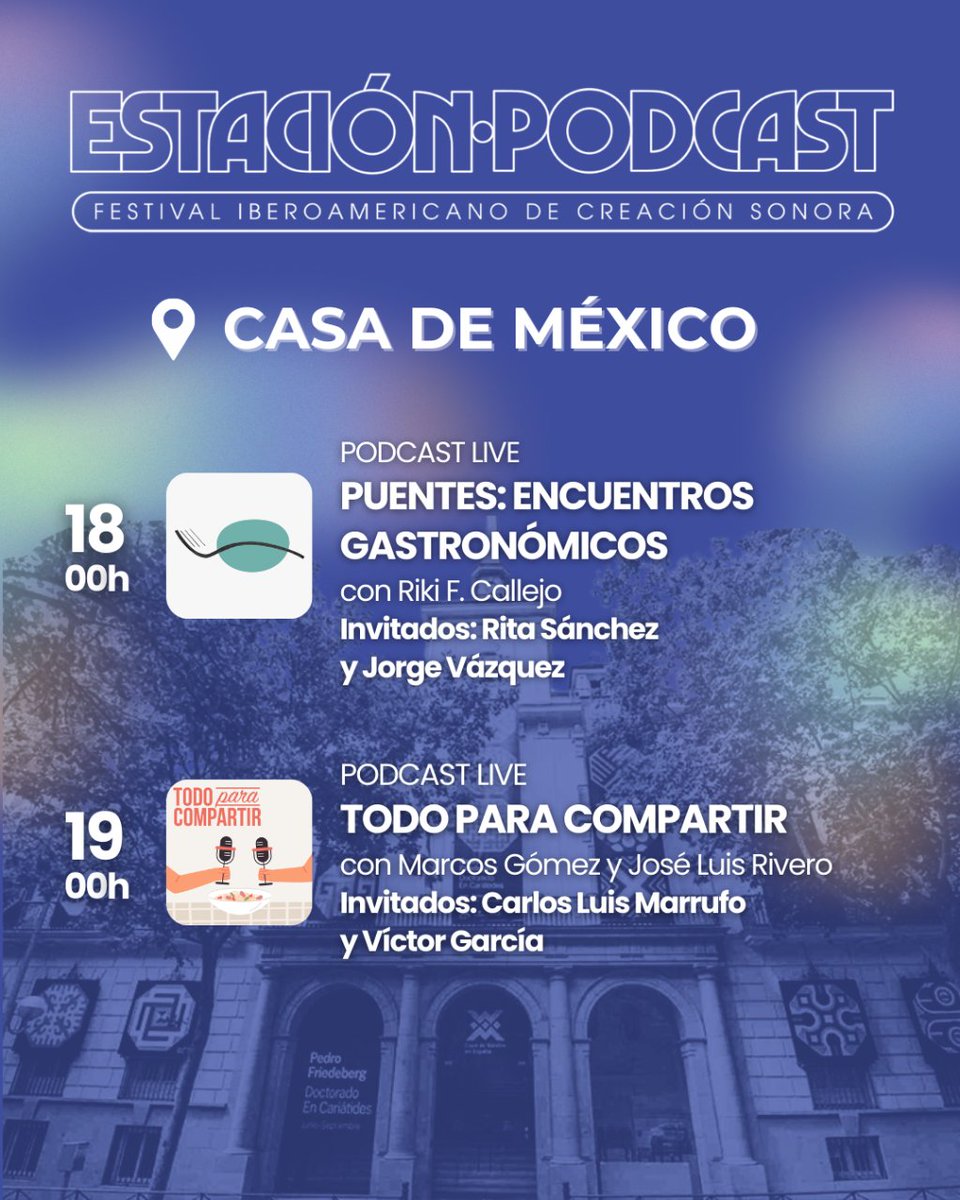 🚀 ¡Falta una semana para #EstaciónPodcast! ¡Y aquí tenéis lo que nos depara el primer día del festival! Esta es la programación para el próximo martes 21 de mayo en @casamerica y @casademexicoesp  🙈 Toda la información y la descarga de entradas en nuestra web, ¡cuenta atrás!