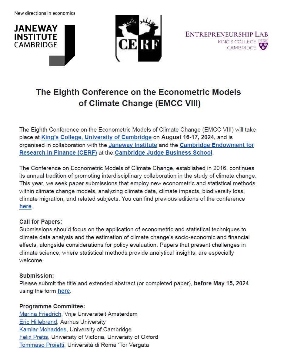Delighted to host the Eighth Conference on the #Econometric Models of Climate Change (EMCC VIII) at @Kings_College on 16-17 August, 2024! Submission deadline TOMORROW: Please submit the title and extended abstract (or completed paper), before May 15, 2024 using the form here:…