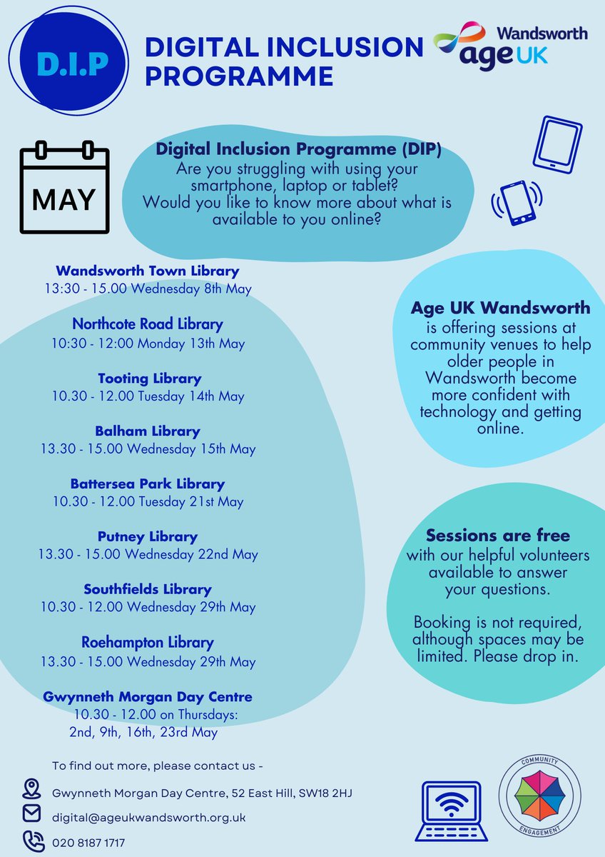 Older people who need help with digital services or computers can visit Tooting Library today, until 12pm. Learn to access services and entitlements online, connect with family and more, with DigiPals volunteers from AgeUK Wandsworth ageuk.org.uk/wandsworth/our… #Tooting