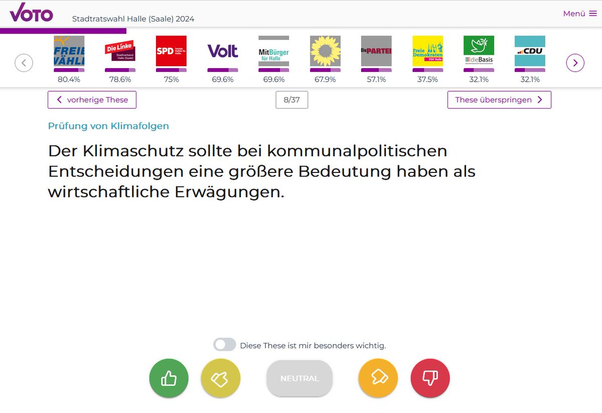 Das Institut für Politikwissenschaft der @UniHalle hat einen kommunalen 'Wahl-O-Mat' für die Stadtratswahl in #Halle im kommenden Monat entwickelt. Mit Blick auf die Bedeutung der kommunalen Ebene (CC @oliver_junk) für die #Demokratie ein schönes Projekt. app.voto.vote/app/11445239