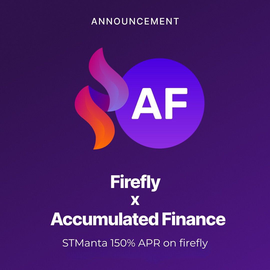 Big news: firefly DEX and Accumulated Finance @AccumulatedFi are teaming up! 🔥 ​ We're super excited to tell you that stManta/Manta is now a part of our 30% token supply airdrop. ​ Get ready for an explosive start as we introduce a generous 150% APR and a 1.5x multiplier for…