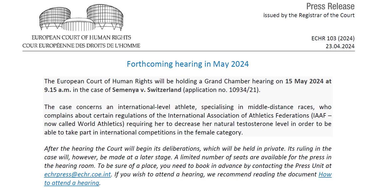 The European Court of #HumanRights will hold a Grand Chamber hearing in Caster Semenya’s case against Switzerland 🇨🇭 tomorrow. Full @ECHR_CEDH press release ▶️ hudoc.echr.coe.int/fre-press?i=00… #NoDiscrimination #PrivateLife #ECHR