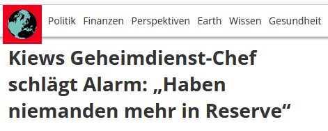 "Haben niemanden mehr in Reserve". 
Wie das denn? Wo sind denn ganzen Soldaten? Laut Propaganda gibt es doch kaum "Verluste". Wenn, dann auf russischer Seite. Und Ru. war doch schon vor einem Jahr quasi fast "besiegt". Furchtbar. Dieser Krieg muss aufhören. #WaffenNieder!