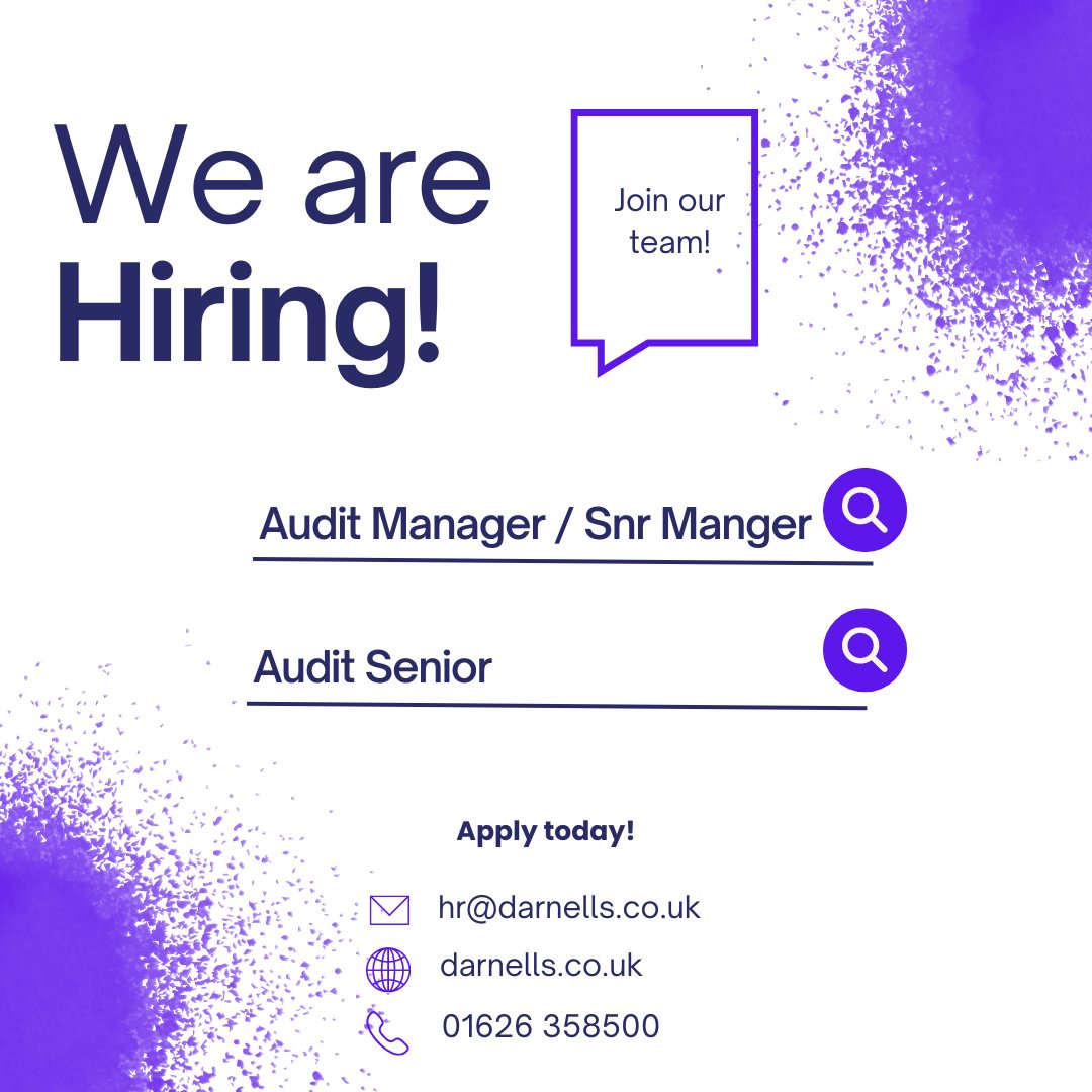 Darnells (@darnellsaccount) on Twitter photo We have exciting opportunities for an Audit Senior and Audit Manager/Senior Manager to join us!
If you would like to find out more about these vacancies contact us today either by email hr@darnells.co.uk
or
via our website: darnells.co.uk/careers/curren… We have exciting opportunities for an Audit Senior and Audit Manager/Senior Manager to join us!
If you would like to find out more about these vacancies contact us today either by email hr@darnells.co.uk
or
via our website: darnells.co.uk/careers/curren…