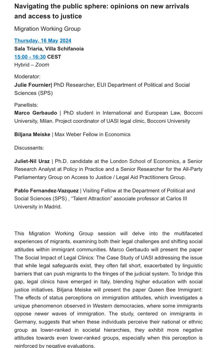 Join our next MWG session 'Navigating the public sphere: opinions on new arrivals and access to justice'✨
@MPC_EUI
📅 Thu 16/05
⏰15- 16:30
🎙️@marco_gerbaudo & @BMeiske 
💭 @JulietUraz & @pfernandezvz 
📍💻 Sala Triaria, Villa Schifanoia & Zoom
ℹ️ 🖊️migrationpolicycentre.eu/events/navigat…