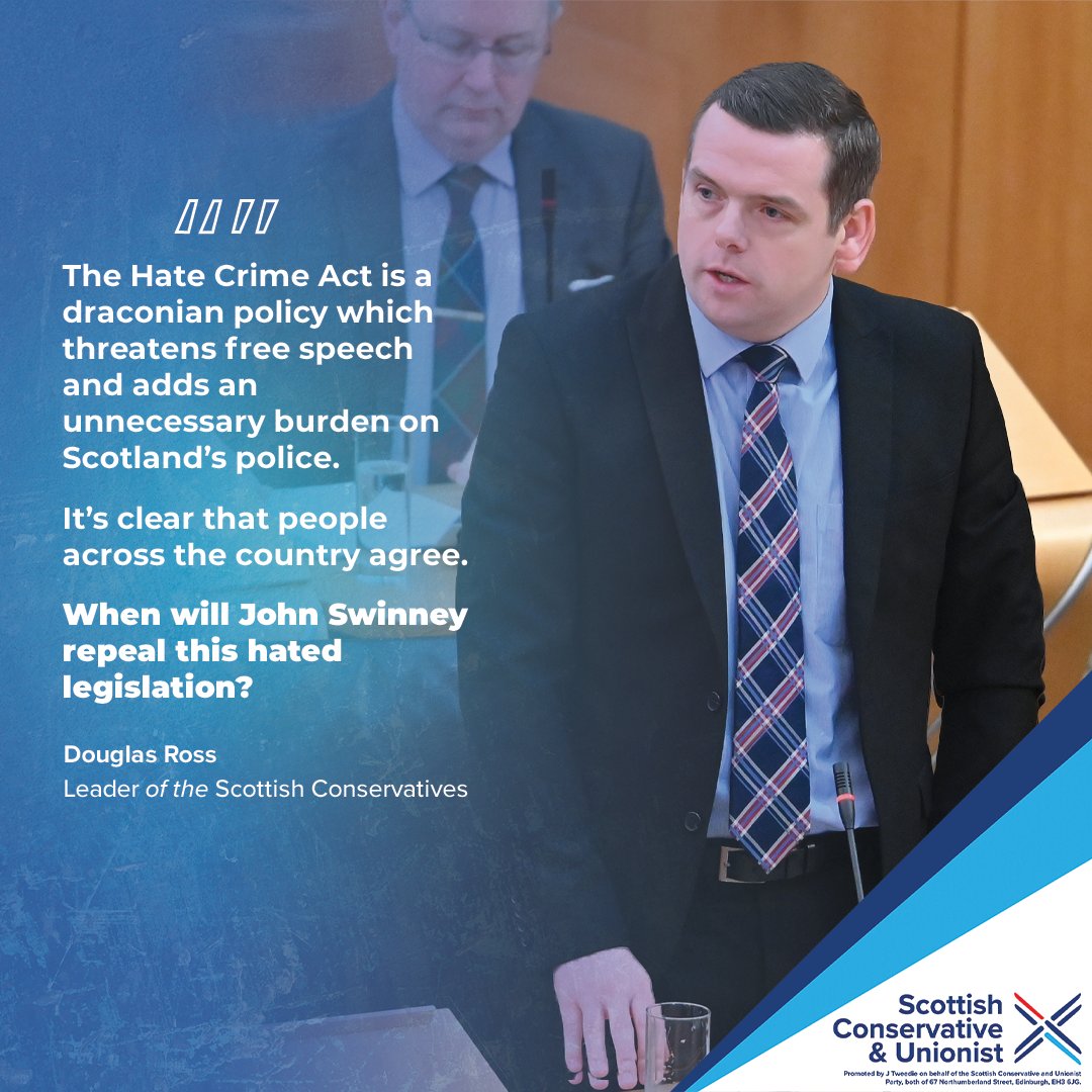 The @ScotTories were the only party to oppose the SNP's Hate Crime Act. Now almost half of all Scots want to scrap this unworkable and draconian legislation. It’s time for John Swinney to admit the SNP got this wrong and repeal the Bill.