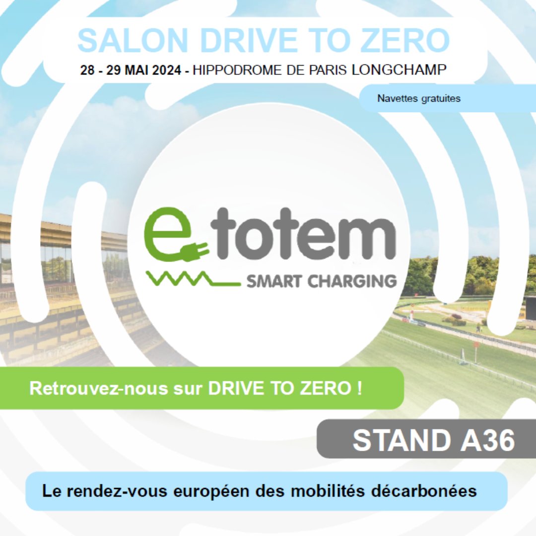 ♻ e-Totem, partenaire engagé dans la transition vers une mobilité plus propre, sera présent au salon <a href="/drivetozero_/">Drive to zero</a> . 
📅 Le 28 au 29 mai 2024 
📍#Hippodrome de #Paris #Longchamp (navettes gratuites depuis Porte Maillot).
➡ Rendez-vous sur notre stand A36 !