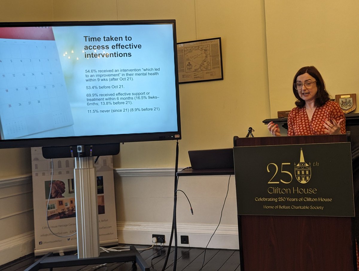 54.6% of respondents received an intervention 'which led to an improvement' in their mental health within 9 weeks: @profsiobhanon at 2023 NILT launch Access the results: ark.ac.uk/nilt/2023/ @MHC_NI @QUBSSESW @ASPS_UU #MentalHealthAwarenessWeek2024 #MentalHealthAwareness
