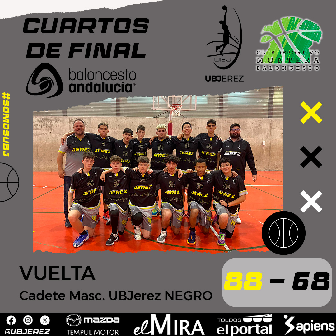 🏆 FASE FINAL CADETE MASC. B
🛡️Cuartos de Final VUELTA

Victoria amarga del Cadete Masc. UBJerez NEGRO, ya que se quedan a 2 puntos de remontar la eliminatoria y no consiguen pasar el cruce. Gran partido y gran temporada de este equipazo ¡ENHORABUENA!🖤

#SomosUBJ #SomosJerez