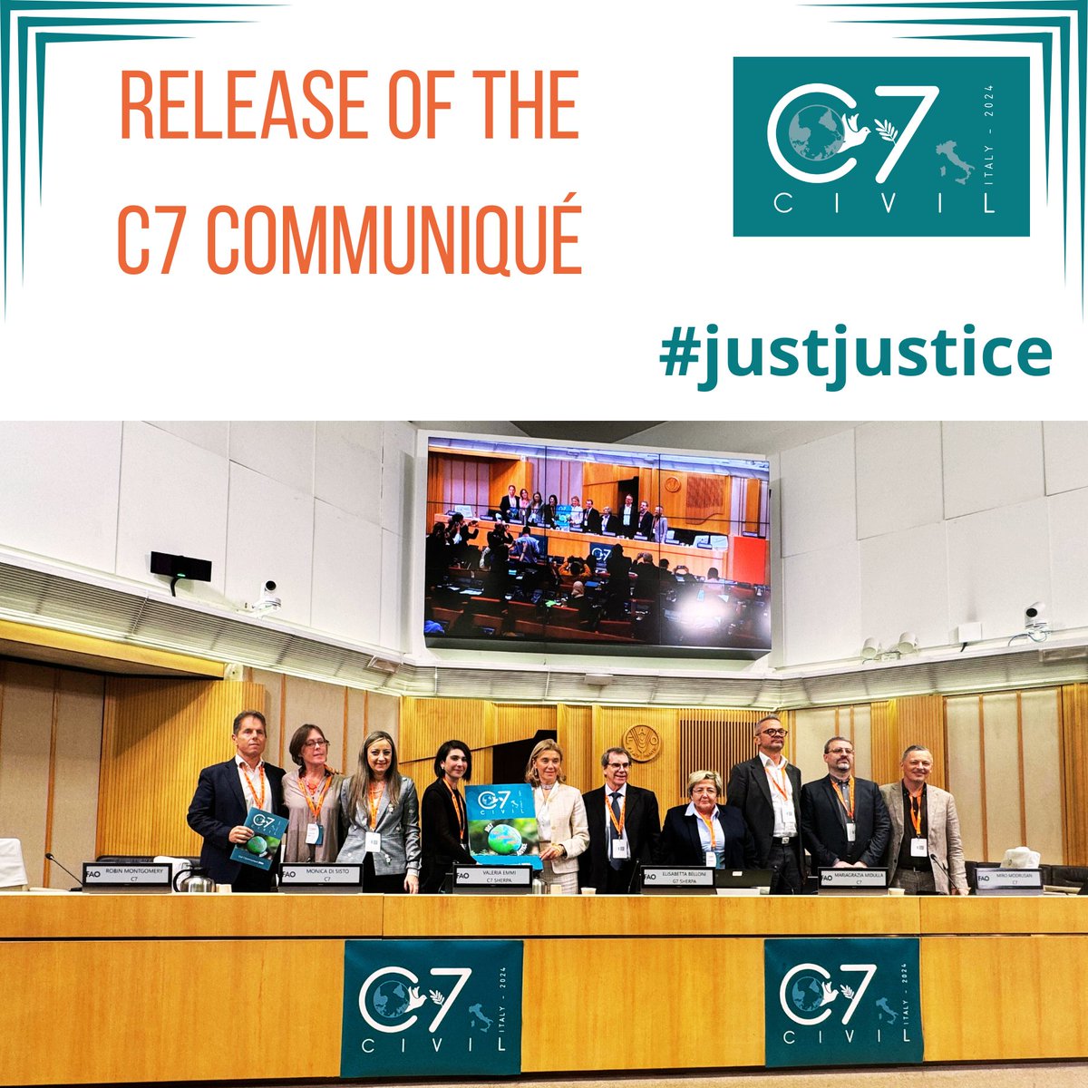 #justjustice. One of the most important moments of the C7 Summit. The release of the C7 Communique to G7 Sherpa Elisabetta Belloni 👇 #civil7, #civil7Italy, #civil7ITA, #G7ITA, #G72024